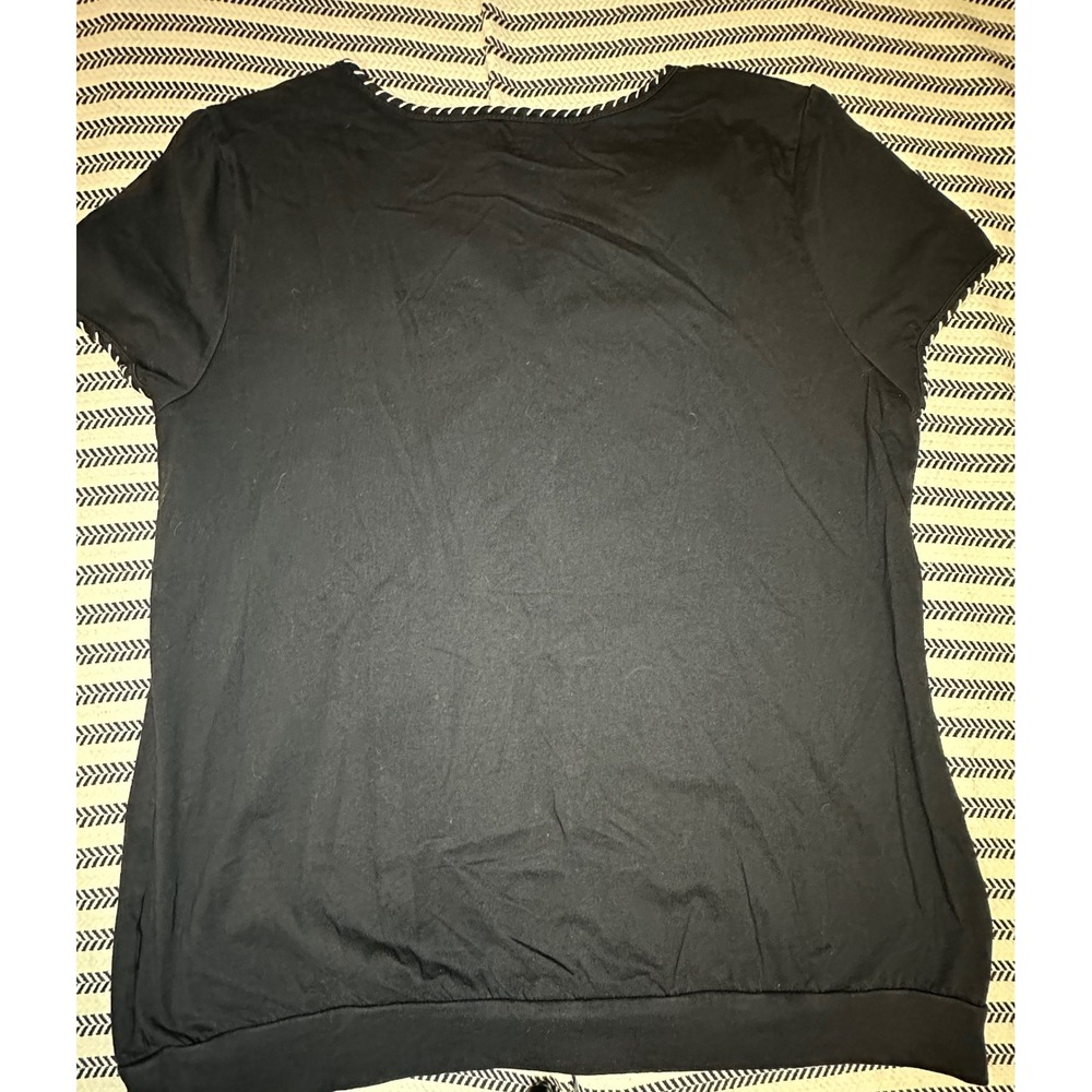 St Johns Bay Black Embroidered V Neck Short‎ Sleeve Top Women 100% cotton